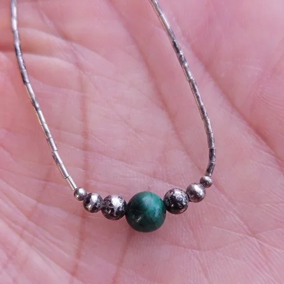 Vintage Native American handmade sterling balls, malachite ball, liquid silver h - Picture 9 of 14
